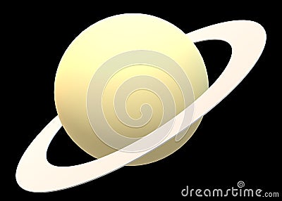 A simple three dimensional image of the planet Saturn in light yellow and beige ring system surrounding it black backdrop Cartoon Illustration