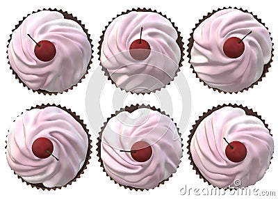 Top down view of six identical chocolate cupcakes with pink strawberry icing topping and a red cherry Cartoon Illustration