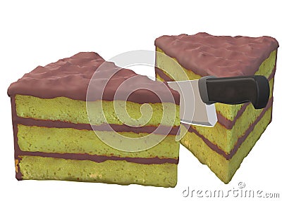 Two slices of green sponge brown chocolate cake parted by a black kitchen knife Cartoon Illustration