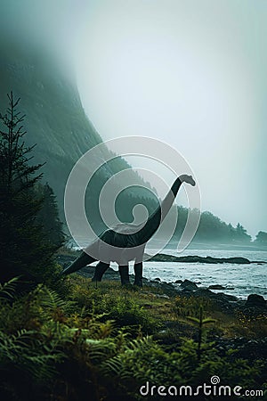 Computer-generated image of dinosaur standing by water and trees. Generative AI Stock Photo