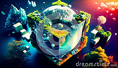 Computer generated image of the earth surrounded by series of cubes. Generative AI Stock Photo