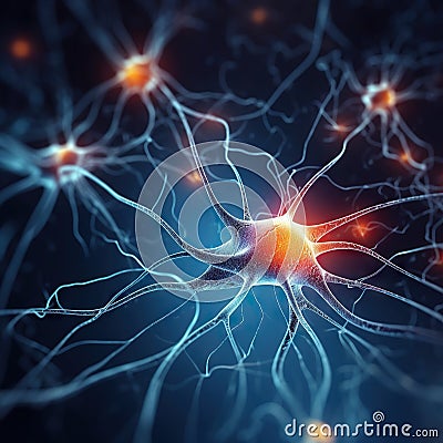 Computer generated image of nerve cell. Nerve cells, also known as neurons, transmit signals throughout the nervous system Stock Photo
