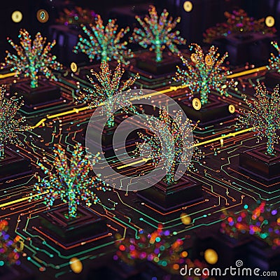 AI Generated Image of Abstract Tree-Like Structures on Interconnected Circuit Board Stock Photo