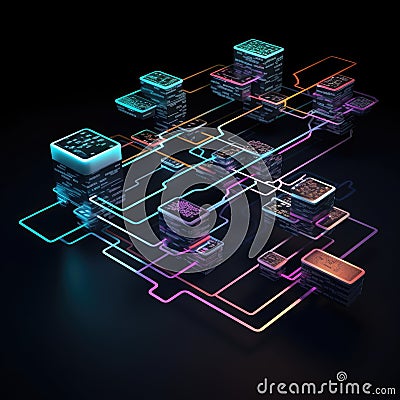 Computer-generated image shows complex network of interconnected nodes, resembling circuitry or wiring. The nodes are Stock Photo