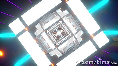 Computer generated technology neon tunnel. Teleport in the future. 3d rendering abstract background. Inside a rotating Stock Photo