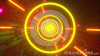 Computer generated technology neon tunnel. Teleport in the future. 3d rendering abstract background. Inside a rotating Stock Photo