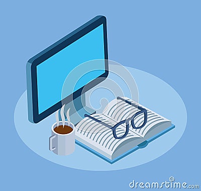 Computer with glasses, book and hot coffee mug Vector Illustration