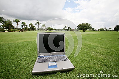 Computer on a golf course Stock Photo