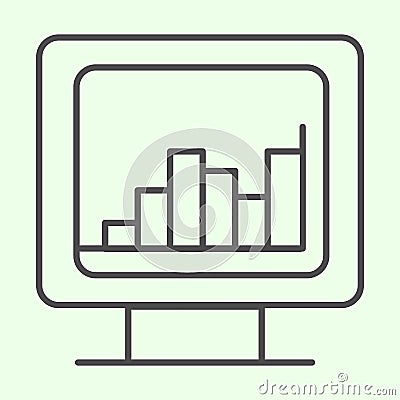 Computer graph thin line icon. Analytic or statistics chart on monitor screen outline style pictogram on white Vector Illustration