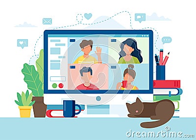 Computer with group of people doing video conference. Online meeting via group call. Vector illustration in flat style Vector Illustration