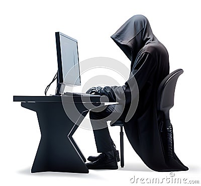 Computer Hacker in black clothes sitting by the table with personal computer, on white background, internet hacking concept, Cartoon Illustration