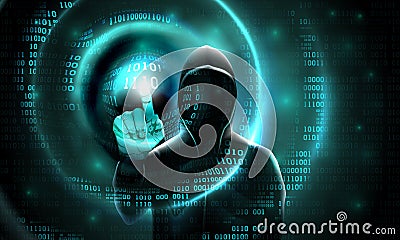 Computer hacker with a hood touches touch screen binary code. Abstract binary software dark background hacker. Hacking computer Vector Illustration