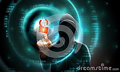 Computer hacker hood touches touchscreen hacked lock symbol and binary code. Waves on binary background hacker silhouette Vector Illustration