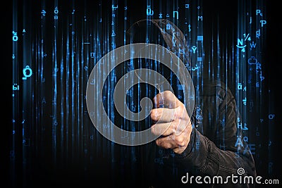 Computer hacker with hoodie in cyberspace surrounded by matrix c Stock Photo