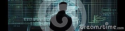 Computer hacker in hoodie with matrix code instead his face on blue digital background. Data thief, internet fraud, darknet and Stock Photo