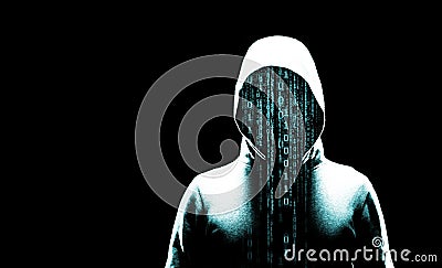 Computer hacker in hoodie. Obscured dark face. Data thief, internet fraud, darknet and cyber security concept. Stock Photo