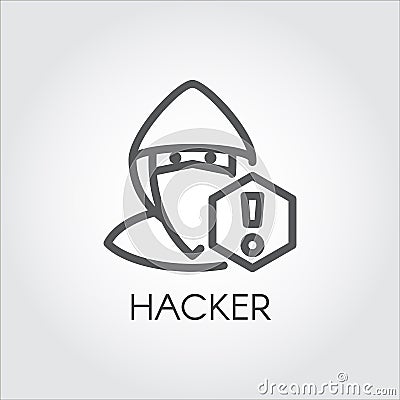 Computer hacker line icon. Abstract figure of man in mask and exclamation mark contour pictograph Criminal cyber hacking Vector Illustration