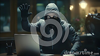 Computer hacker - Male thief stealing data from computer. Stock Photo