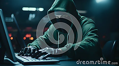 Computer hacker - Male thief stealing data from computer. Stock Photo