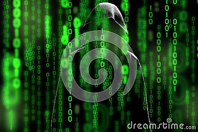 Computer hacker silhouette of hooded man with binary data screen and network security terms matrix theme Stock Photo