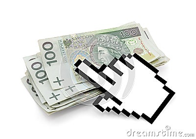 Computer hand cursor with polish money. Stock Photo