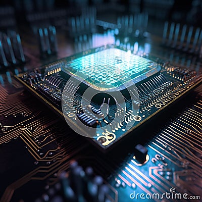 Computer hardware, CPU and microchip with technology abstract, processor and motherboard closeup. Cyber tech, cloud Stock Photo