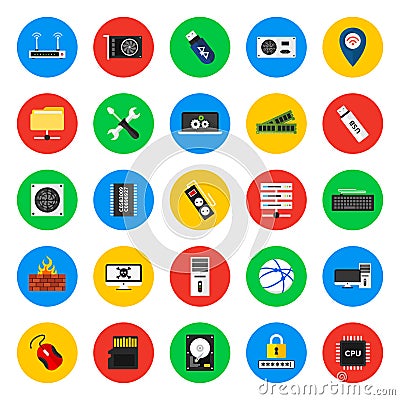 Computer hardware, device, internet and security, icons Vector Illustration