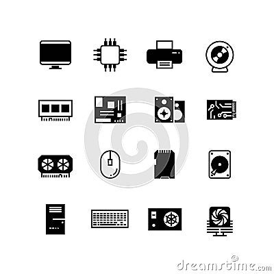Computer hardware, hdd memory, ram, microchip, cpu vector icons Vector Illustration