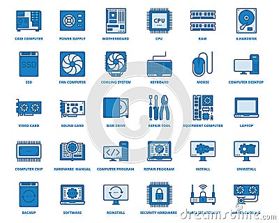 Computer Hardware Icons Blue Color , Pixel Perfect Design Simple Set For Using In Website Graphics Report Logo Infographics, Best Vector Illustration