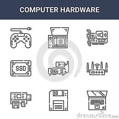9 computer hardware icons pack. trendy computer hardware icons on white background. thin outline line icons such as laptop, router Vector Illustration