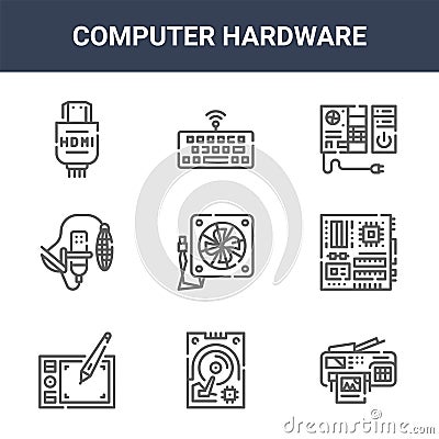 9 computer hardware icons pack. trendy computer hardware icons on white background. thin outline line icons such as printer, Vector Illustration