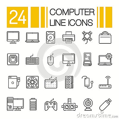 Computer Hardware Icons. PC Components and devices thin line vector Vector Illustration