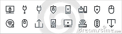 Computer hardware line icons. linear set. quality vector line set such as download, wifi, smartphone, unlocked, no protection, Vector Illustration