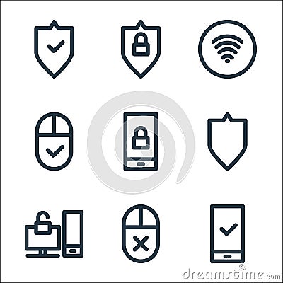 Computer hardware line icons. linear set. quality vector line set such as smartphone, mouse, unlocked, protect, lock, mouse, Vector Illustration