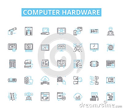 Computer hardware linear icons set. Motherboard, Processor, Graphics, Memory, Storage, Power, Cooling line vector and Vector Illustration