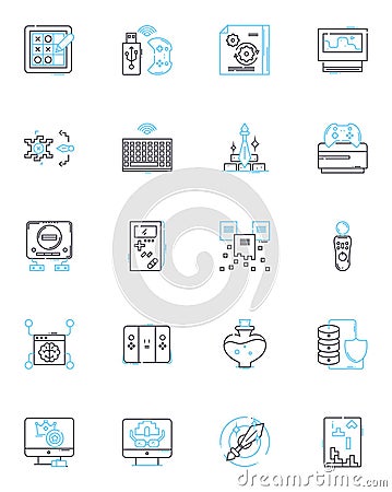 Computer hardware linear icons set. Processor, Graphics, Memory, Motherboard, HDD, SSD, Power line vector and concept Vector Illustration