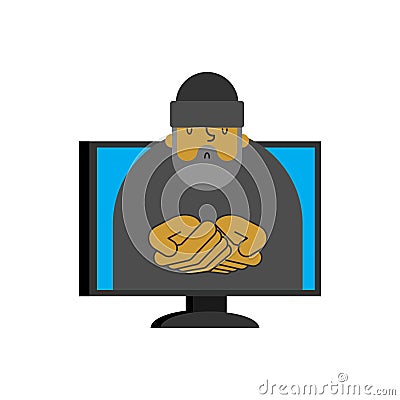 Computer help. Beggar Advises client. Online Homeless. Customer Vector Illustration