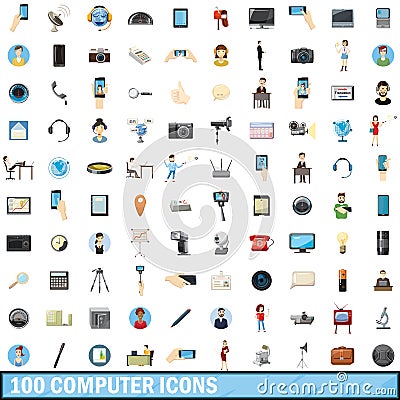 100 computer icons set, cartoon style Vector Illustration