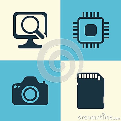 Computer Icons Set. Collection Of Chip, Memory Card, Camera And Other Elements. Also Includes Symbols Such As Laptop Vector Illustration