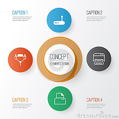 Computer Icons Set. Collection Of Router, File Scanner, Vga Cord And Other Elements. Also Includes Symbols Such As Cable Vector Illustration