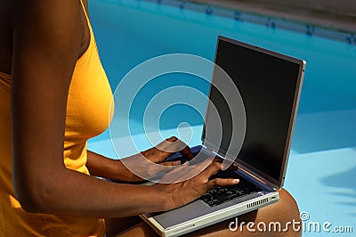 Computer job at pool 2 Stock Photo