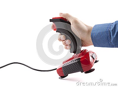 Computer joystick with hand isolated on white Stock Photo