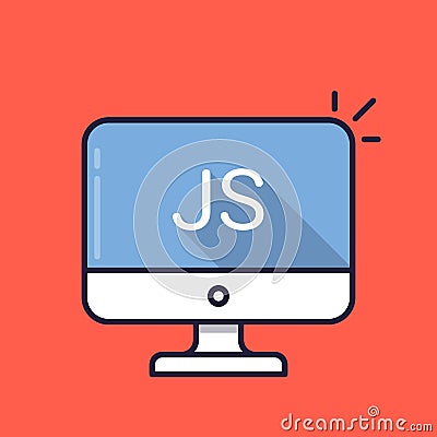 Computer with JS word on screen. Javascript scripting language. Web development, create js script, coding, learning Vector Illustration