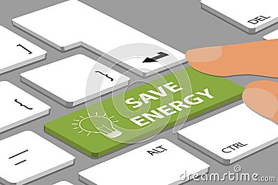 Computer Keyboard Concept With Green Save Energy Push Button And Fingers Vector Illustration