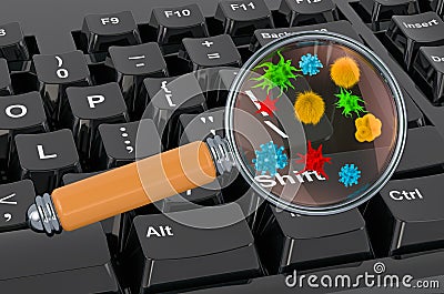 Computer keyboard with germs and bacterias under magnifying glass. 3D rendering Stock Photo