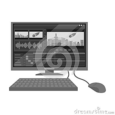 Computer with keyboard.Making movie single icon in monochrome style vector symbol stock illustration web. Vector Illustration