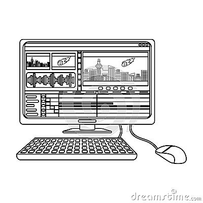 Computer with keyboard.Making movie single icon in outline style vector symbol stock illustration web. Vector Illustration