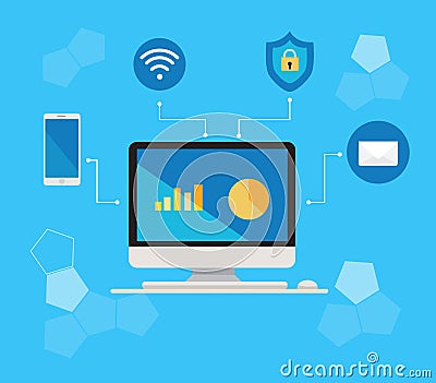 Computer keyboard with media element network icon vector illustration.Desktop computer with online data connecting Vector Illustration