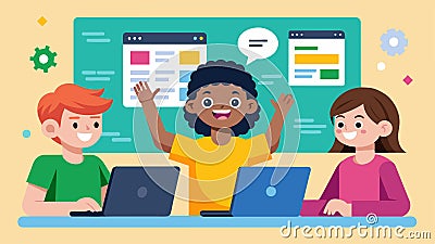 In a computer lab students excitedly share their coding progress with each other pointing out different features on Vector Illustration