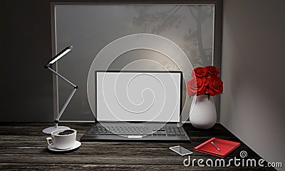 Computer Labtop white screen on wooden surface table. Black coffee in white mug. Red roses in white vase. Concept and copy space Stock Photo